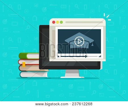 Education Via Online Video On Computer Vector Illustration, Flat Cartoon Desktop Pc And Video Webina