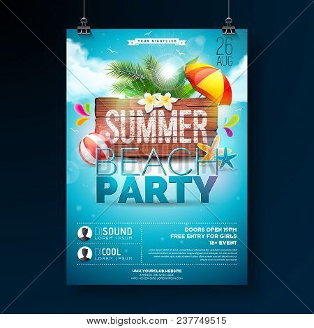 Vector Summer Beach Party Flyer Design With Typographic Elements On Wood Texture Background. Summer 