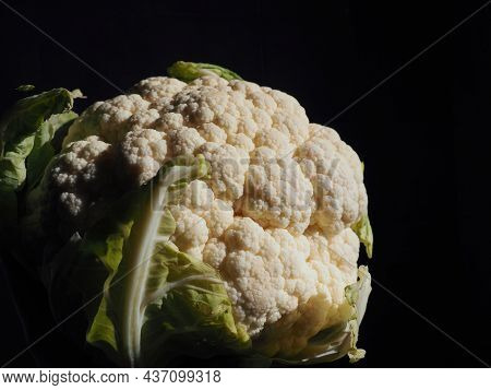 Cauliflower Close-up On A Black Background. Side Lighting. Fresh Head Of Cabbage. Green Vegetables. 