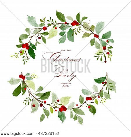 Merry Christmas With Berry Wreath Watercolor. Bouquet Of Holly Leaves And Pine Branches Watercolor H