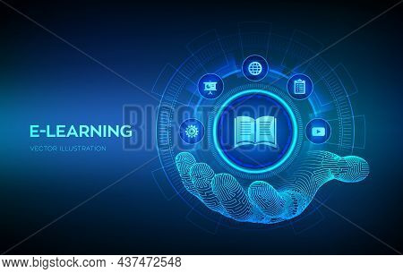 E-learning Icon In Robotic Hand. Innovative Online Education And Internet Technology Concept. Webina