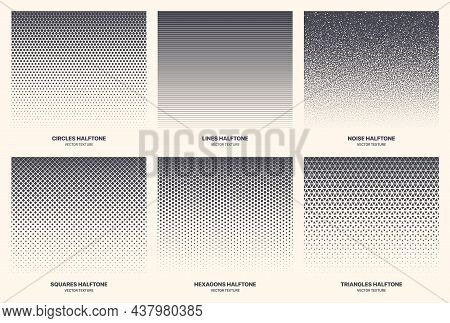 Different Variations Halftone Texture Set Vector Abstract Geometric Patterns Isolated On Background.