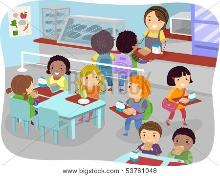 Illustration of Kids in a Canteen Buying and Eating Lunch