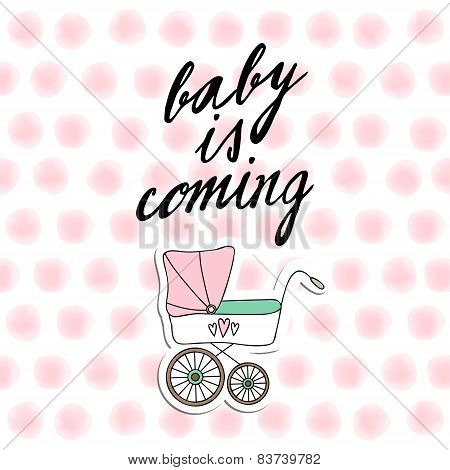 Baby Shower Invitation, Birthday Card With Baby Carriage And Watercolor Dots, Vecto