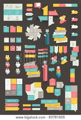 Collections of info graphics flat design diagrams. Various color schemes, boxes, speech bubbles for