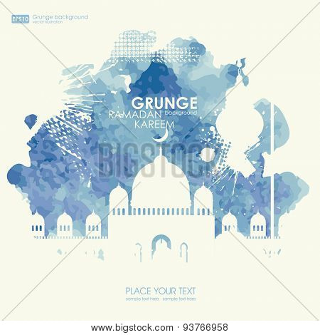 Beautiful mosque, made by colors splash for Islamic holy month of prayers, Ramadan Kareem celebrations. Mosque for Islamic holy month of prayer, Ramadan Kareem celebration. Print grunge background.