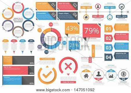 Infographic objects for presentation, reports, workflow - circle diagram, bar graph, pie chart, process diagram, timeline, objects with percents and text, business infographic elements, vector eps10 illustration