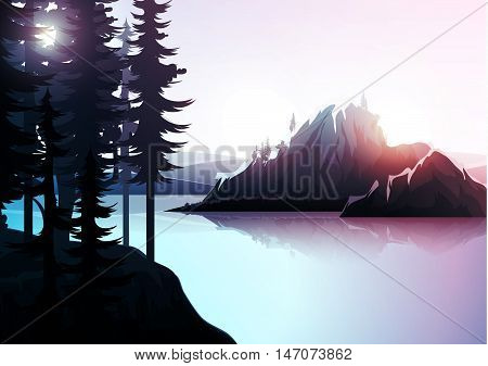 Nature landscape, mountain forest and lake. Vector natures hills, tree in rivers. Summer green background. Poster Travel. National Park. Sunrise scenic views of nature