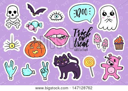 Halloween fashion quirky cartoon doodle patch badges with cute ghosts and pumpkins. Vector illustration. Set of stickers, pins, patches in cartoon comic style of 80s-90s. Vector collection