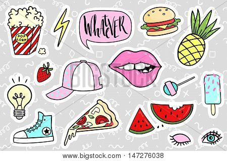 Fashion quirky cartoon doodle patch badges with cute elements. Vector illustration isolated on background. Set of stickers, pins, patches in cartoon comic style of 80s-90s. Vector collection