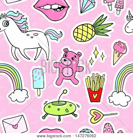 Fashion quirky cartoon doodle seamless pattern with cute elements. Vector illustration background. Abstract wallpaper in cartoon comic style of 80s-90s.