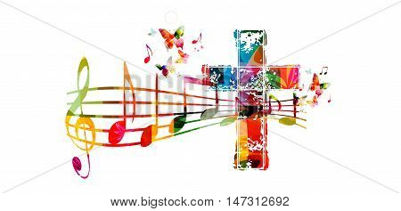 Creative music style template vector illustration, colorful cross with music staff and notes background. Religion themed design for gospel church music and concert, choir singing, Christianity, prayer