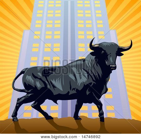 El toro, el símbolo de wall street sobre un edificio y sunburst