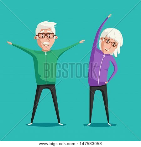 Senior people and gymnastics. Elderly couple. Grandparents doing exercises. Sport. Morning exercises. Cartoon vector illustration