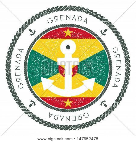 Nautical Travel Stamp With Grenada Flag And Anchor. Marine Rubber Stamp, With Round Rope Border And