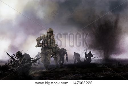 WW2 illustration of american soldiers platoon attacking on a battlefield with explosions and mist background.