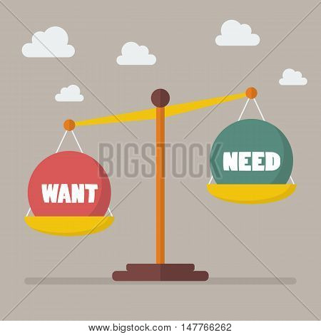 Want and need balance on the scale. Business Concept