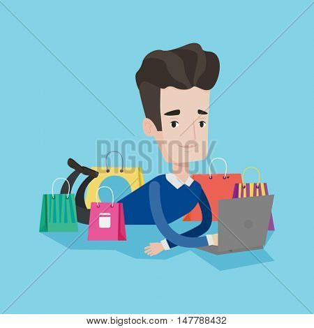 Young caucasian man using laptop for shopping online. Smiling customer lying with laptop and shopping bags around him. Man doing online shopping. Vector flat design illustration. Square layout.