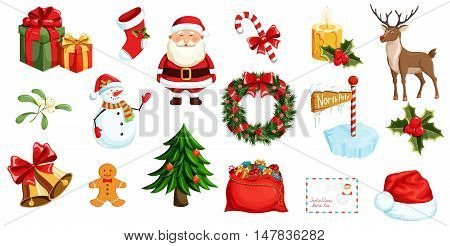 Christmas icons set. Christmas holiday objects collection. Christmas illustration: santa, wreath, north pole, snowman, gift, christmas tree, santa hat, santa bag, reindeer, mistletoe, holly, toy, bell