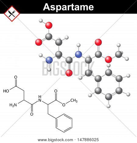 Aspartame - artificial sweetener chemical model and molecular structure E951 food additive 2d and 3d vector illustration isolated on white background eps 8