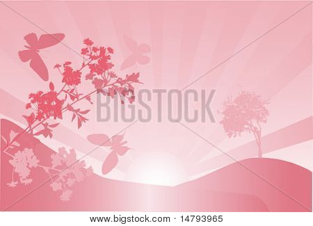 illustration with cherry tree flowers and butterflies silhouettes