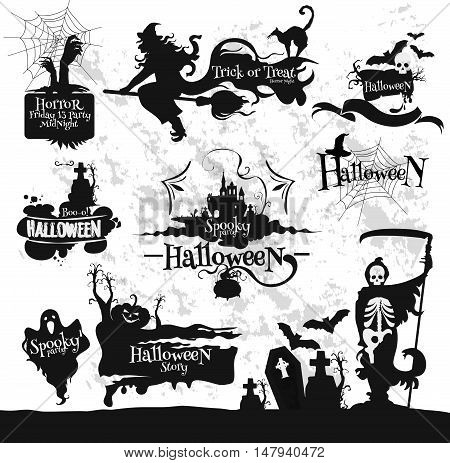 Decoration emblems and icons set for Halloween party, Friday 13 horror midnight. Witch broom, spooky ghost, spider, skeleton scythe, graveyard, haunted house, scary pumpkin. Vector design elements for banner, placard, greeting card