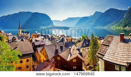 Great views of the lake and Hallstatter and Hallstatt Lutheran Church. Picturesque and gorgeous scene. Location famous place , Austria, region of Salzkammergut, Europe. Beauty world.