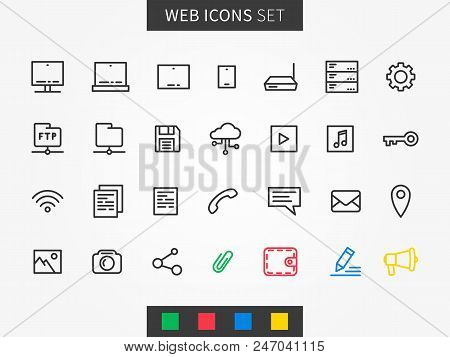 Web icons vector set. User interface icons (laptop, tablet, server, mobile, document, etc). Internet icons creative line concept.