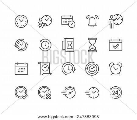 Simple Set Of Time Related Vector Line Icons. Contains Such Icons As Time Inspection, Log, Calendar 