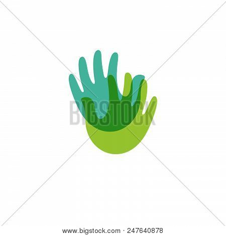 Two Palms. Handmade Symbol. Green Transparent Handbreadth Logo. Hand Picking Icon. Care Symbol.