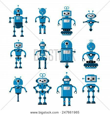 Set Of Vector Robots In Cartoon Style. Cute Cartoon Robotic Character Artificial Intelligence - Conc