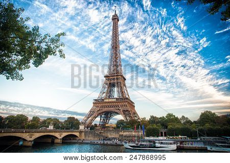 From Paris With Love. Eiffel Tower At Sunset In Paris, France. Romantic Travel Background. Eifell To