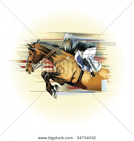 Vector illustration  of a jumping horse and jockey