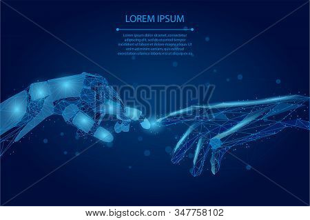 Abstract Mash Line And Point Low Poly Wireframe Human And Robot Hands Touching With Fingers. Polygon