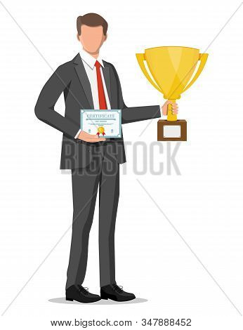 Successful Businessman Holding Trophy And Showing Award Certificate, Celebrates His Victory. Busines