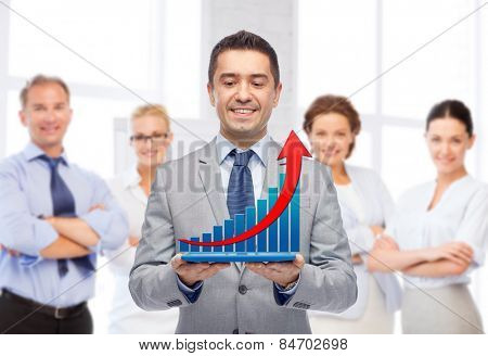 business, people, success and technology concept - happy smiling businessman in suit holding tablet pc computer with virtual graph over group of people and office room background