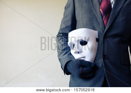 Business Man Carrying White Mask To His Body Indicating Business Fraud And Faking Business Partnersh