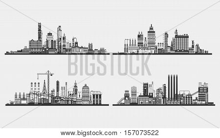 Industrial plant or building, factory exterior view. Silhouette of assembly or manufacture line, power plant. Industrial architecture design, chemical plant or industry structure, factory, plant logo