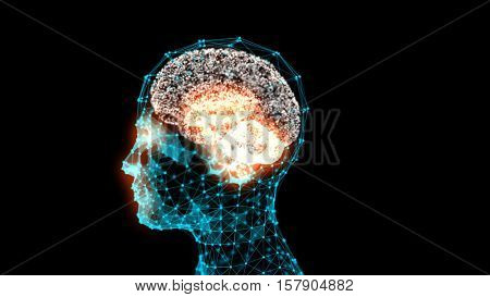 Transparent human head with a brain in 3d space. Blue abstract futuristic medicine, science and technology background illustration. Depth of field settings. 3D rendering.