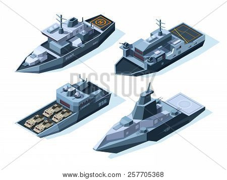 Isometric Warships. Vector Military Boats. Illustration Of Warship Military, Ship And Boat, Vessel N