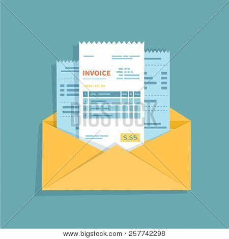 Checks And Invoices In An Open Envelope. Concept Of Pay Bills, Invoices, Services. Business Or Finan