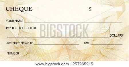 Check (cheque), Chequebook Template. Gold Lines Pattern (guilloche Watermark). Background For Ticket