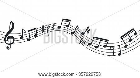 Music Note Wave. Notes Background, Musical Poster. Isolated Abstract Stave, Treble Clef And Sound Ic