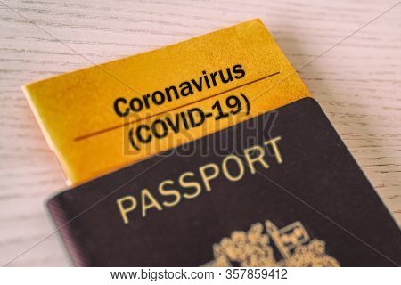 Coronavirus COVID-19 Vaccination proof booklet in passport. Travel ban health certificate Corona screening of travelers tourists. Closure of airports restricted traveling.