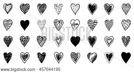 Set Of Doodle Heart Icons. Freehand Drawings. Set Of Unique Doodle Hearts. Contemporary Hand Drawn S