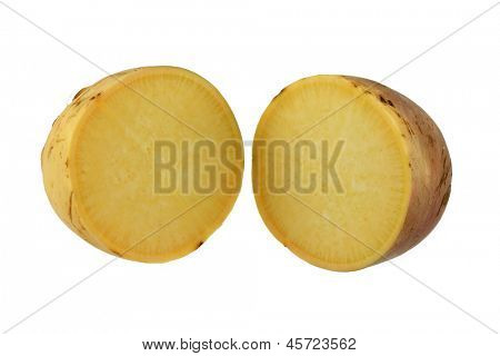 Closeup photo of Turnip (Brassica rapa) cut in half, on a white background