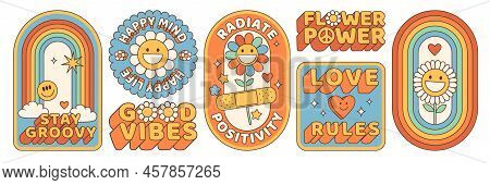 Groovy Hippie 70s Stickers. Funny Cartoon Flower, Rainbow, Peace, Love, Heart, Daisy, Mushroom Etc. 