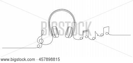 Continuous One Line Drawing Of Headphones Speaker With Music Notes And Treble Clef. Headset Gadget A