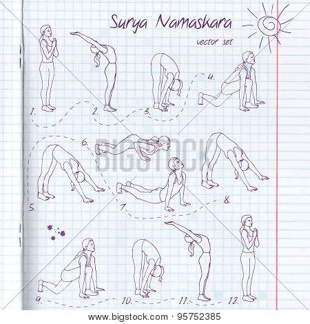 Vector yoga illustration. Surya Namaskara.