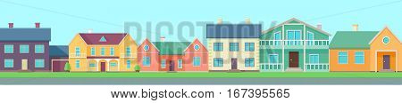 Row of different houses along the street. Home house in flat design style. Street of large suburban homes. Colorful residential hous. Home, building, house exterior, family house, modern house